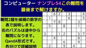 ゲームーナンプレ中級上級―数独―Sudoku―がんばる寺子屋―候補の数字の公式の使い方を説明―スウドクーナンプレの難問の解き方―色分けによる説明―2桁候補の数字で難問を解く―解き方のダイジェスト